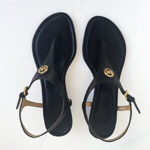 Michael Kors Leather Black T-Strap Wedge Sandals with Low Heels Women's 9.5